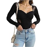 WDIRARA Women's Lace Trim Sweetheart Neck T Shirts Contrast Mesh Long Sleeve Tee Fitted Tops