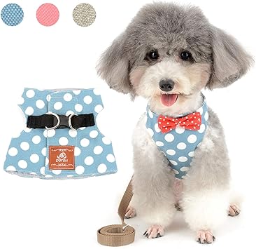 Amazon Zunea 犬 猫用 ハーネス リードセット おしゃれ かわいい 犬服 ベスト 夏 小型犬 チワワ 首輪 可愛い 水玉柄 蝶ネクタイ 人気 猫胴輪 抜けない 胸あて式 簡単着脱 ペットウェア 超小型犬 散歩用 ブルー S Zunea ハーネス