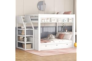 Harper & Bright Designs Full Size Bunk Bed, Wood Full Size Convertible Bunk Bed Frame with Storage Staircase, Bedside Table, and 3 Drawers, White