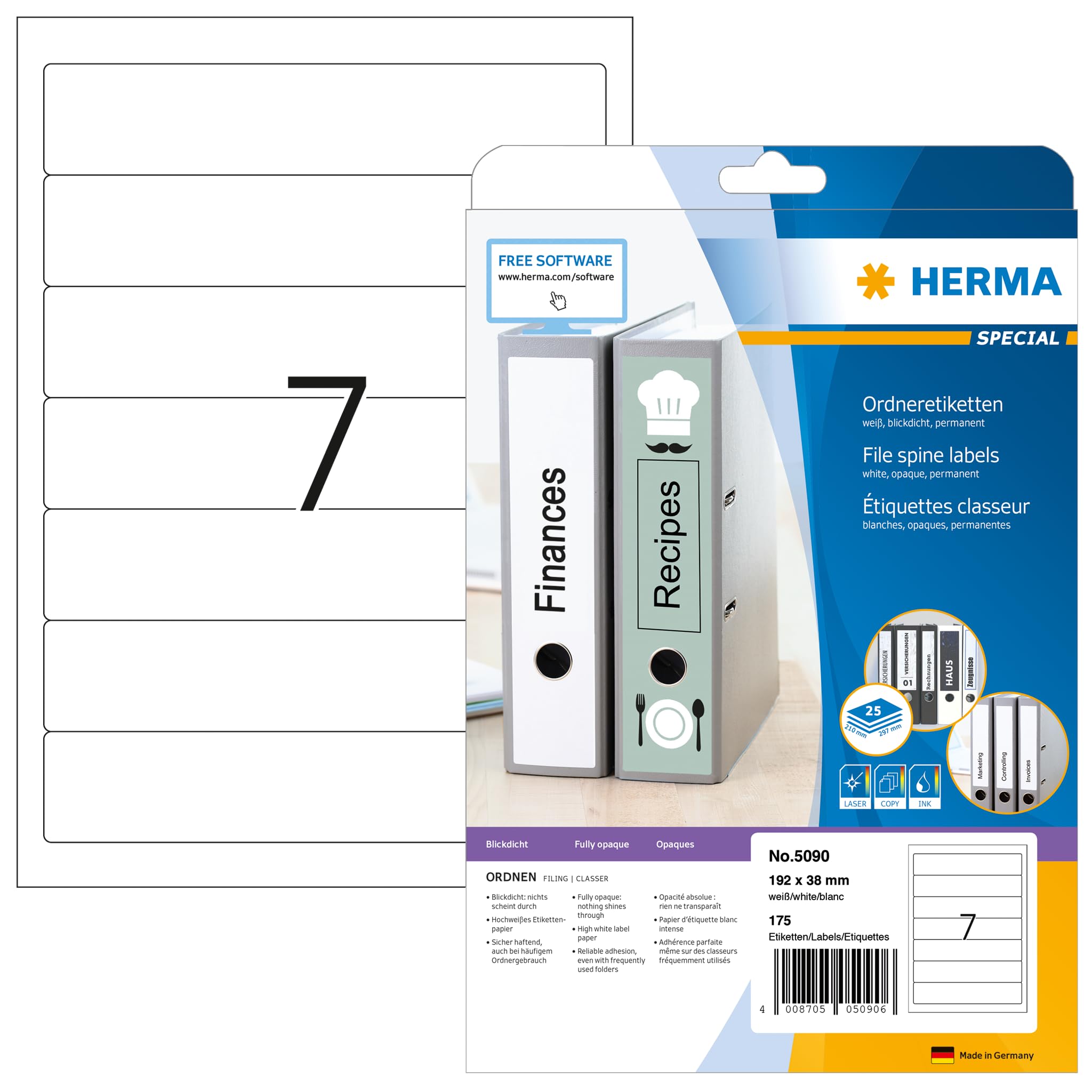 HERMA Self Adhesive Spine Labels, 7 Labels per A4 Sheet, 25 Sheets, 192 x 38 mm, 175 Labels, Blank Lever Arch File Folder Labels Stickers, Sticky Labels for Laser & Inkjet Printer, White