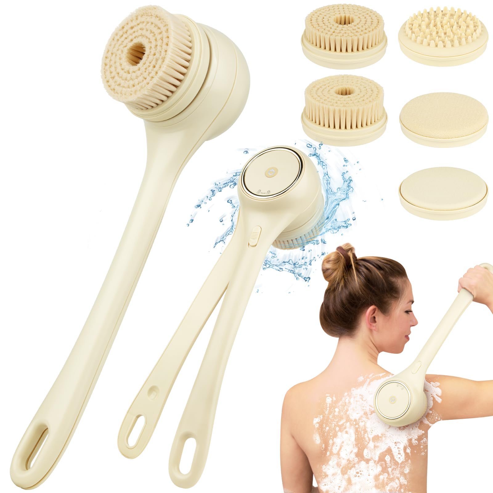 Photo 1 of Electric Body Brush Back Scrubber for Shower, Auto Spinning Exfoliating Massage Bath Brush Rechargeable, Dual Long Handle, Deep Cleansing, Waterproof, Rotating Body Brushes with 5 Brush Heads