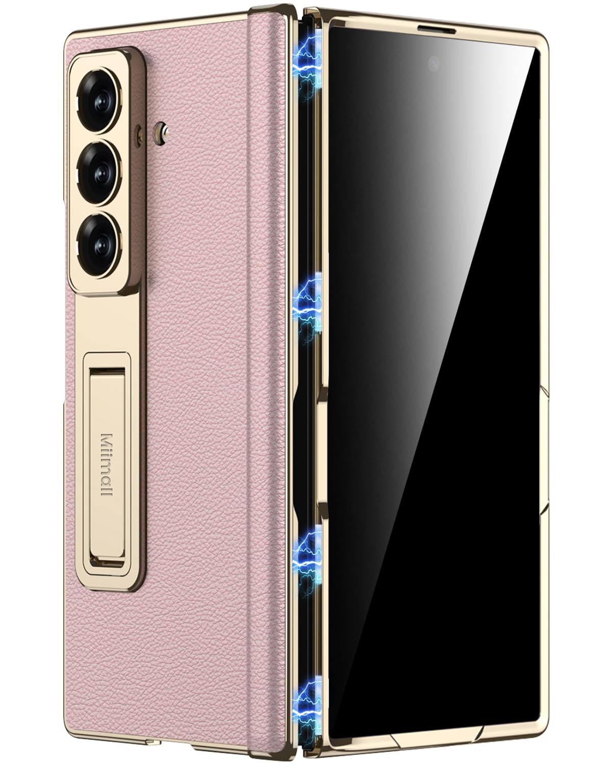 Miimall Slim Case for Samsung Z Fold 7 with Privacy Screen Protector & Kickstand & Hinge Protection, Premium Leather Women Girls Anti-Slip Grip Shockproof Phone Cover for Galaxy ZFold7 Thin Case Pink