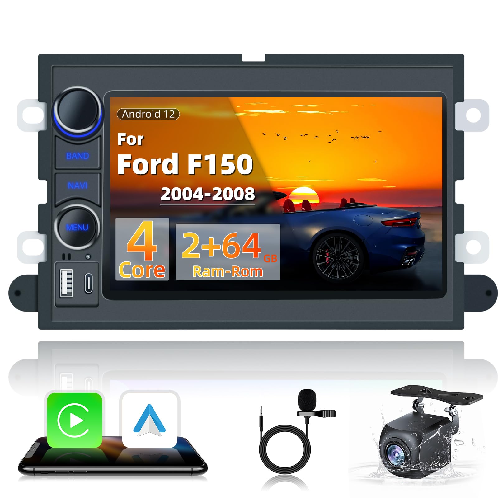 4Core+64G ROM Car Radio for Ford F150 2004-2008:7 Inch Touch Screen Stereo Bluetooth 5.0 Wireless CarPlay Android Auto FM/RDS Audio GPS 5G WiFi SWC 1080P Backup Camera