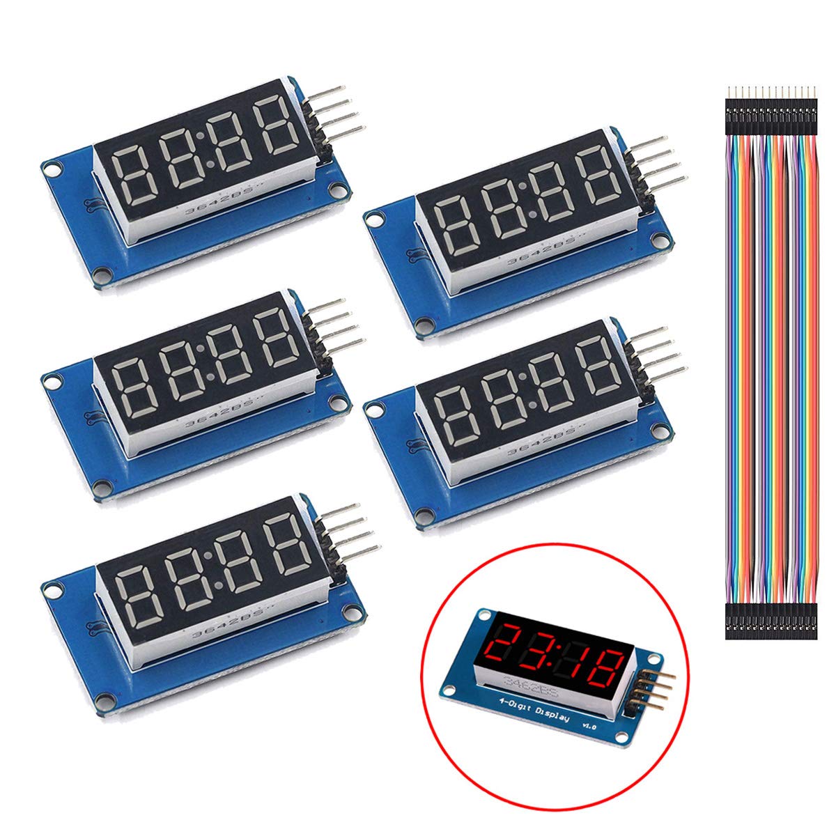 Youmile 5PCS LED Display Module TM1637 7 Segment 4 Bits Common Anode Clock Red Digital Tube For Arduino With Dupont Cable Male to Female 8 PIN
