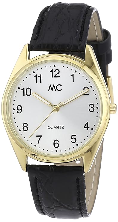 MC Timetrend Herren-Armbanduhr, goldfarben, mit schwarzem Lederband, Analog Quarz 23685