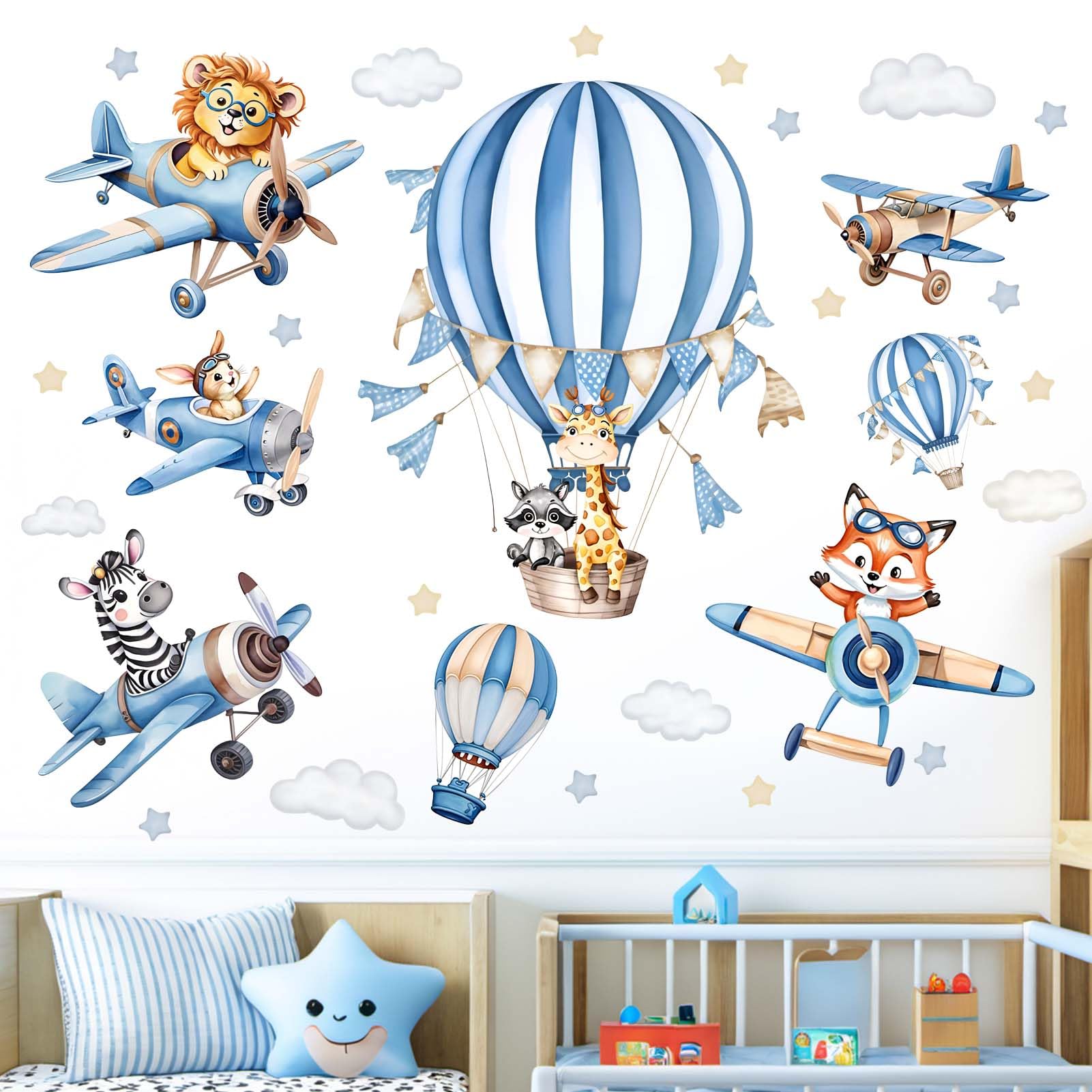 Photo 1 of Animals Airplane Wall Stickers for Kids: Peel and Stick Hot Air Balloon Lion Giraffe Zebra Fox Aircrafts Wall Decals - Wall Art Decor Kids Supplies Ages 1 2 3 4 5 6 7 8 9 10 11 12 Year
