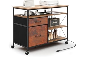 WASAGUN 2 Drawer Fabric File Cabinet, Rolling Printer Stand with Charging Station and 4 Open Storage Shelves, Mobile Lateral 