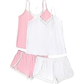 Ekouaer Womens Pajama Sets Soft Lingerie Sleepwear 2 Piece Cami Shorts Set V Neck Pj Lace Nightwear