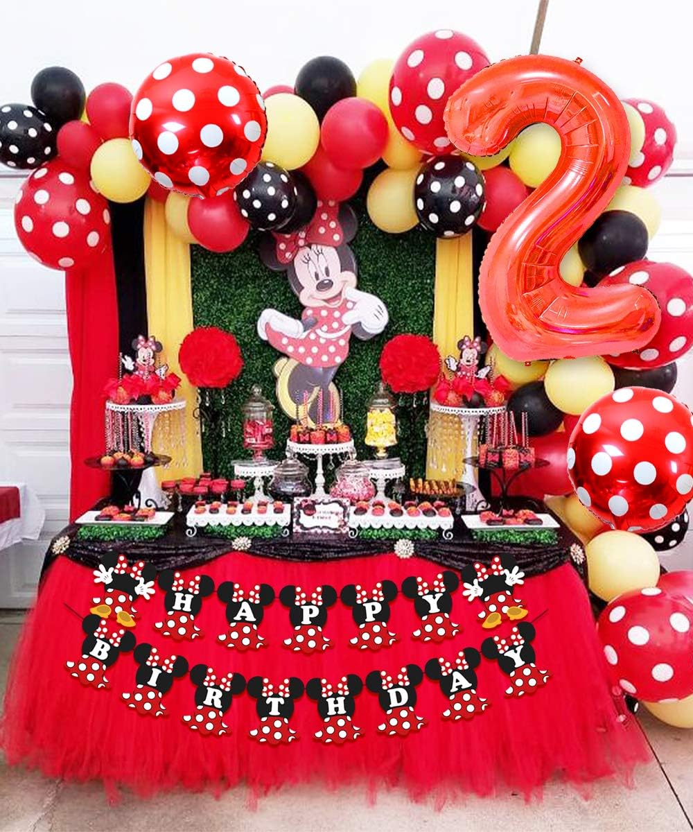 2nd Birthday Decoration Set Themed of Minnie Mouse Red and Black, Oh Twodles Happy Birthday Banner Ear Headband Second Birthday Party for Girl: Toys & Games