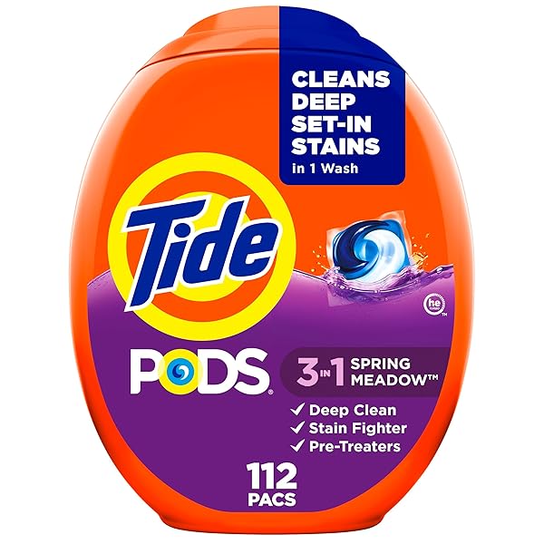 TIDE PODS LAUNDRY DETERGENT PACS, SPRING MEADOW SCENT, 112 COUNT, CONCENTRATED LAUNDRY SOAP DETERGENT, STAIN REMOVER AND COLOR PROTECTOR, TIDE PODS LAUNDRY DETERGENT