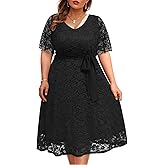 Women Plus Size Lace Bridal Shower Wedding Guest Cocktail Semi Formal V Neck Short Sleeve Midi Dresses