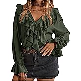 Floerns Women's Plus Size Ruffle Trim V Neck Dressy Casual Blouse Flounce Long Sleeve Elegant Business Work Shirts
