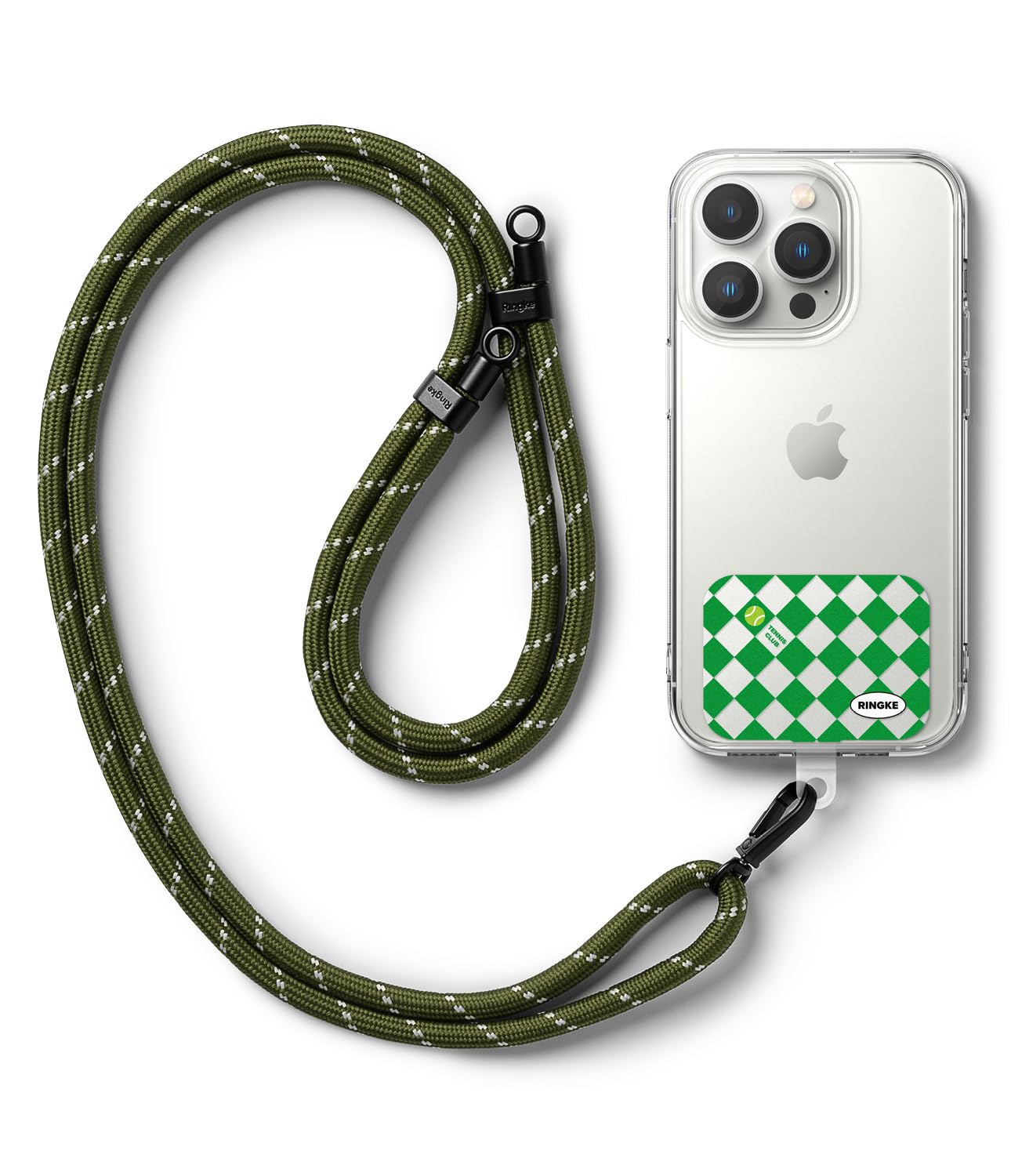 Ringke Holder Link Strap with Graphic Design TPU Tag, Adjustable Crossbody Polyester Rope Lanyard Compatible with Universal Smartphone Case - Tennis Club/Khaki & White