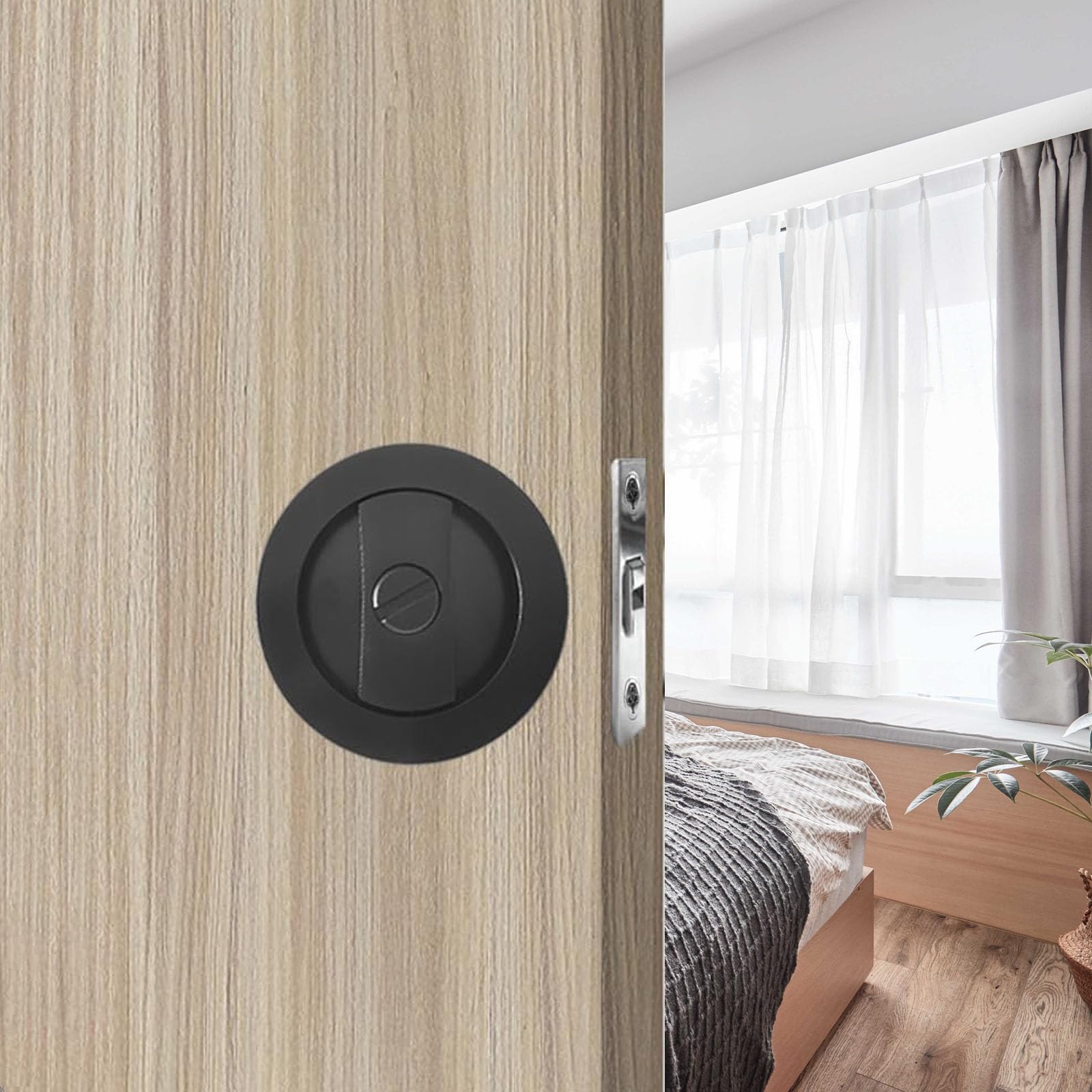 betensh Recessed Door Lock keyless Pocket Door Lock Privacy Pocket Door Handle Round Sliding Door Lock Invisible 2 Sided Door Handle 66mm Black