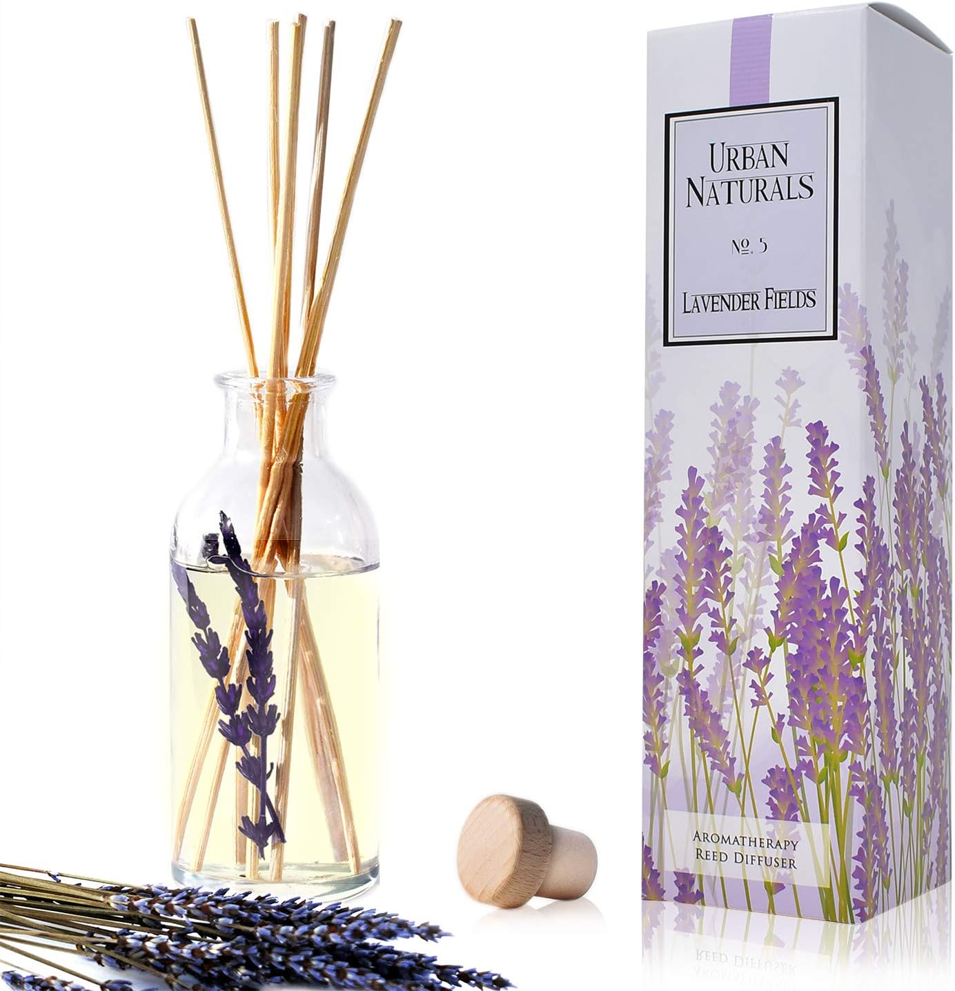 Urban Naturals Lavender Fields Oil Essential Oil Reed Diffuser Set with Real Lavender Stems