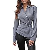 winkbay Women's Striped Wrap Collar V Neck Shirt Ruched Button Front Long Sleeve Asymmetrical Blouses