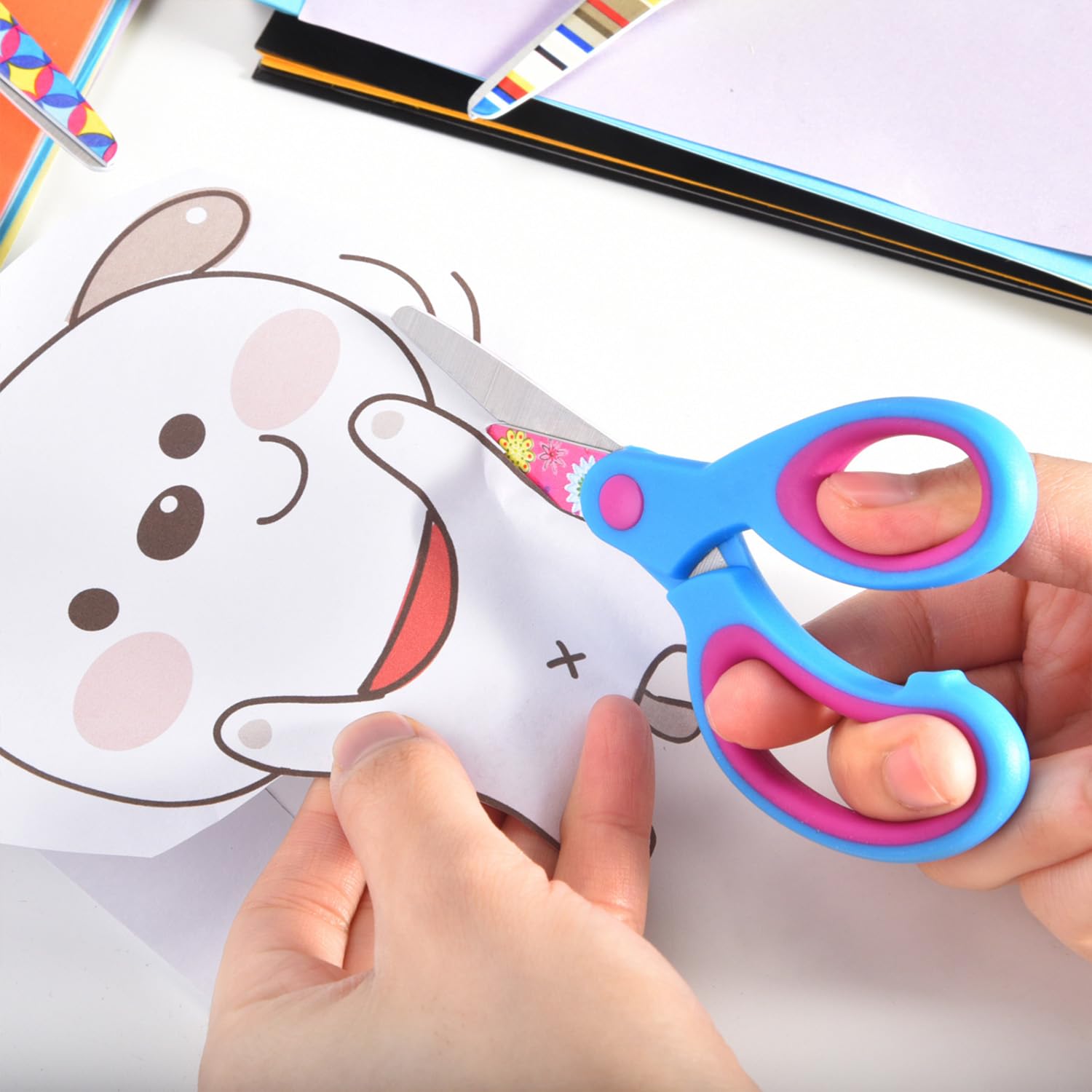 Zicolu Kids Scissors Set of 3 pack, Safety Children Scissors, Craft Scissors with Blunt Tip Floral Print Blade and Soft Grip, Great for Home and School, Blue/Purple/Yellow, 5 inch