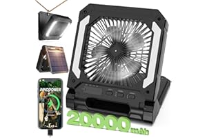INNOPOWER 20000mAh Rechargeable Solar Camping Fan with Led Lantern, 3 Adjustable Speeds Cordless Battery Powered Portable Fan,Timer & Hanging Hook, Quiet USB-C Desk Fan for Tent Hurricane Worksite (Black)