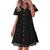 KIRUNDO Eyelet Dresses for Women 2026 Spring Summer Short Sleeve Button Down Loose Mini Babydoll Dress Beach Vacation Clothes