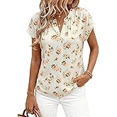 PRETTYGARDEN Rolled Short Sleeve Womens Tops Dressy Casual T Shirts Summer Floral V Neck Chiffon Blouses Vacation Outfits