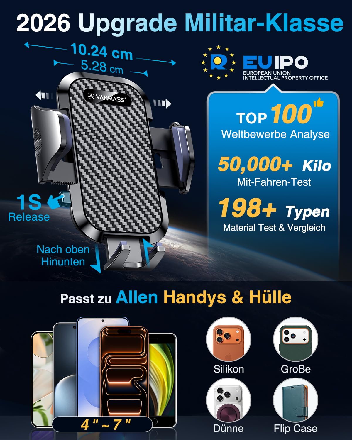 VANMASS 2026【Militär-Klasse】Handyhalterung Auto Upgrade【Stärkste Saugnapf & Lüftungshaken】4 in 1 Handy Halterung Auto 360° Drehbar Handyhalter Auto Armaturenbrett Scheibe Wand für iPhone Samsung usw 5