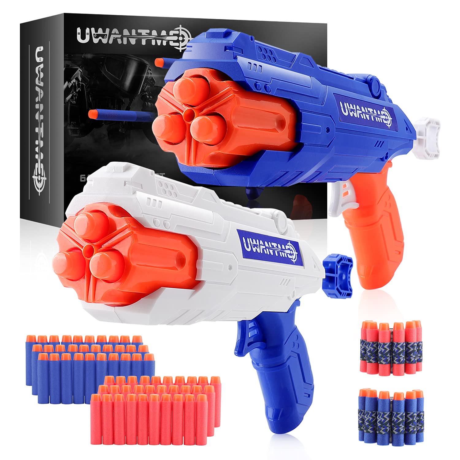 UWANTME Toy Guns for Nerf Gun Games 2 Pack with 60 Pcs Refill Foam Darts Bullet and 6 Dart Rotating Drums for Boys Girls Kids