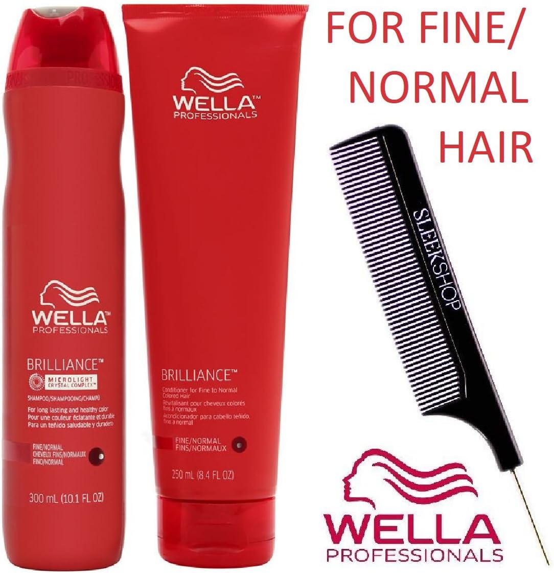 Wella BRILLIANCE Shampoo & Conditioner for FINE to NORMAL, COLORED HAIR Set (with Sleek Steel Pin Tail Comb) (DUO - 10.1 oz + 8.4 oz KIT)