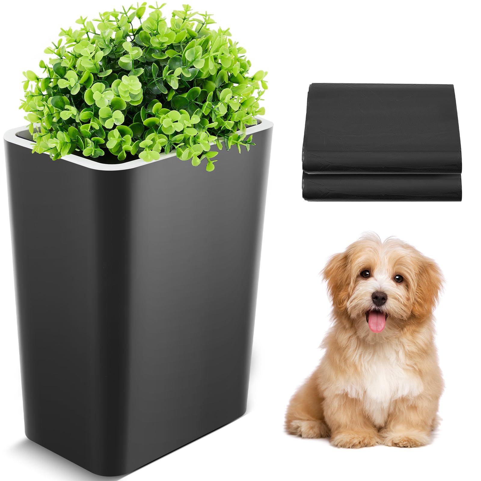 Photo 1 of Jingmore Dog Poop Trash Can Outside 2.64 Gal/10 L Plant Styled Dog Waste Trash Can with Lid 50 Pcs Plastic Waste Bags Outdoor Indoor Poop Container Slim Garbage Bin for Bedroom Yard Garden Pet (Black)