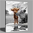 Highland Cow Canvas Wall Art Black and White Animal Print Pictures Highland Cattle Photo Framed Farmhouse Painting 12x16 inches for Home Decor