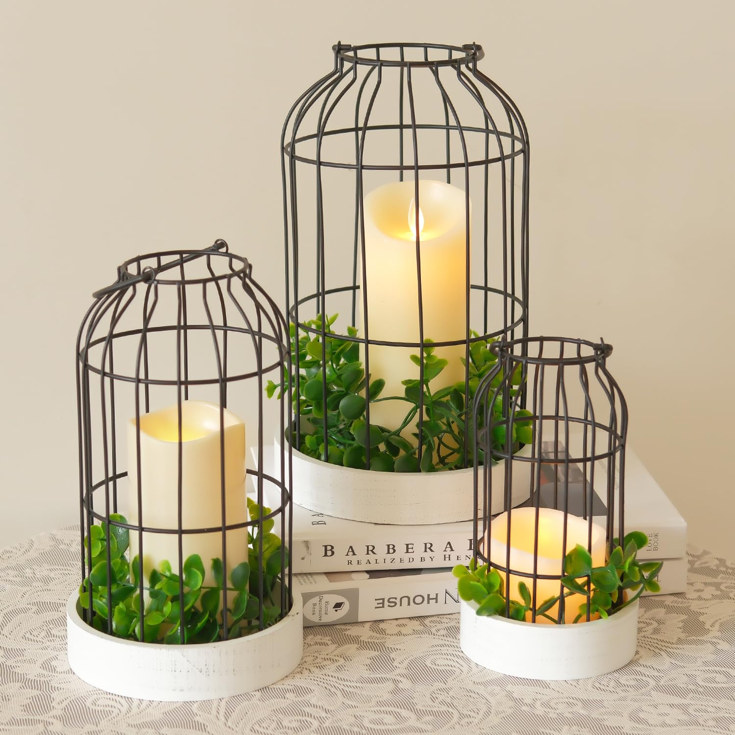 Photo 1 of DECORKEY Rustic Farmhouse Lantern Decor Set of 3 Lanterns Decorative Indoor and Outdoor, Fireplace Mantle or Kitchen Dining Table - Modern Upscale Beauty for Home