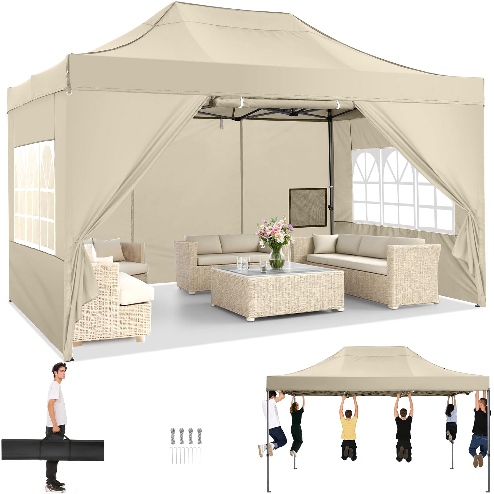 Photo 1 of **FRAME DAMAGED**COBIZI 10x15 Pop up Canopy Heavy Duty with 4 Sidewalls, Easy Set-up Commercial Outdoor Party Canopy, 100% Waterproof Wedding Gazebo, 3 Height Adjustable with Handbag, Khaki