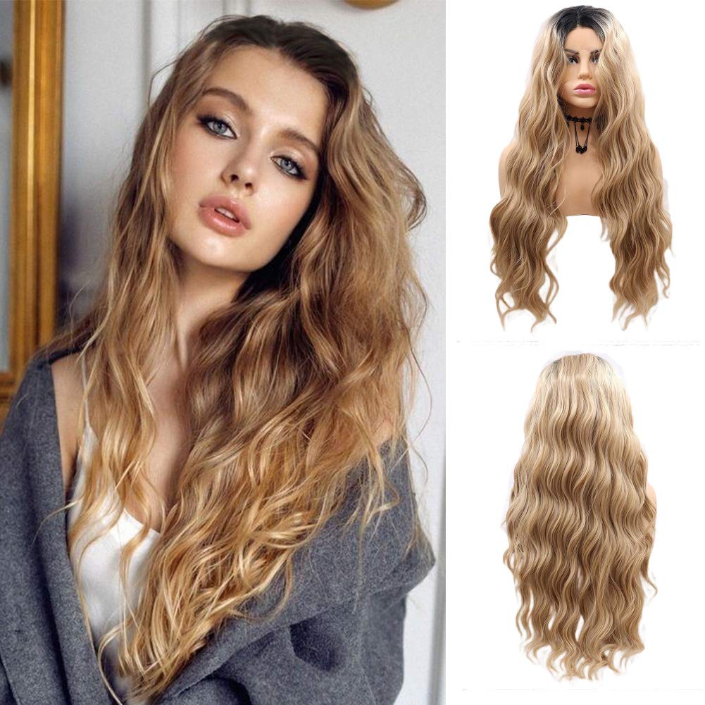 Ombre Brown Lace Front Wigs for Women Long Wavy Soft Omber Wig Black Roots Dark Brown Side Part Pre-Plucked Synthetic Lace Wig Glueless Heat Resistant Fiber Hair Daily 24Inch Lace Wig