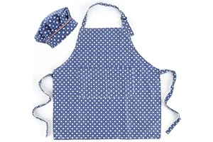 CRJHNS Kids Apron and Chef Hat Set, Adjustable Cotton Child Toddler Aprons with Pocket, Black Girls Boys Kitchen Bib Aprons f