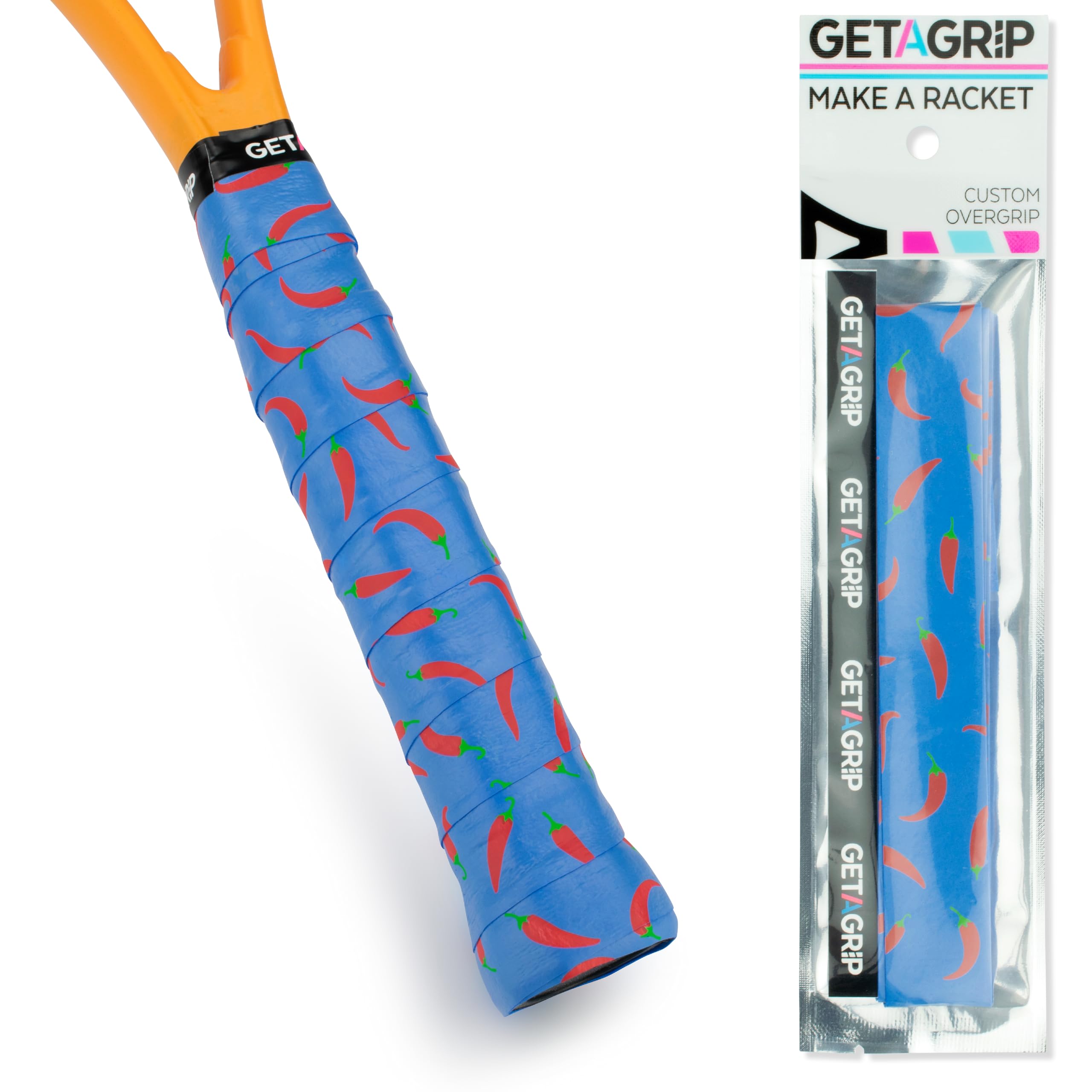 GET A GRIP - Custom Tennis Racket Grip Tape - Anti-Slip/Quick-Drying Tennis Overgrips - Precut Badminton Racket Grip with Finishing Tape - Squash Racket Grip Tapes (Heatwave, 3)
