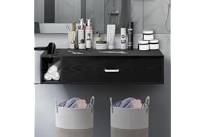 Wall Mount Salon Station, Beauty Salon Stations Equipment with Drawer, Hair Salon Station Cabinet with Side Open Space, Stylist Salon Stations Storage Cabinets with 3 Hair Dryer Holes, Black