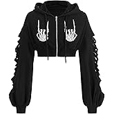 WDIRARA Women's Skeleton Skull Graphic Print Hoodie Drop Shoulder Drawstring Sweatshirt Zipper Up Long Sleeve Crop Top
