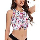 WOWENY Front Knot Bikini Crop Tops for Women Swim Tank Tops Padded High Neck Tankini Top Bathing Suit Swimsuit Top Only