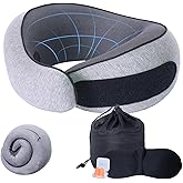 HCCW Travel Pillow Neck Pillow, High-Density Memory Foam Pillow with 360° Surround Support, Relief Neck Pain for Long Flights, Sleeping Rest, Train & Office Use, Grey 