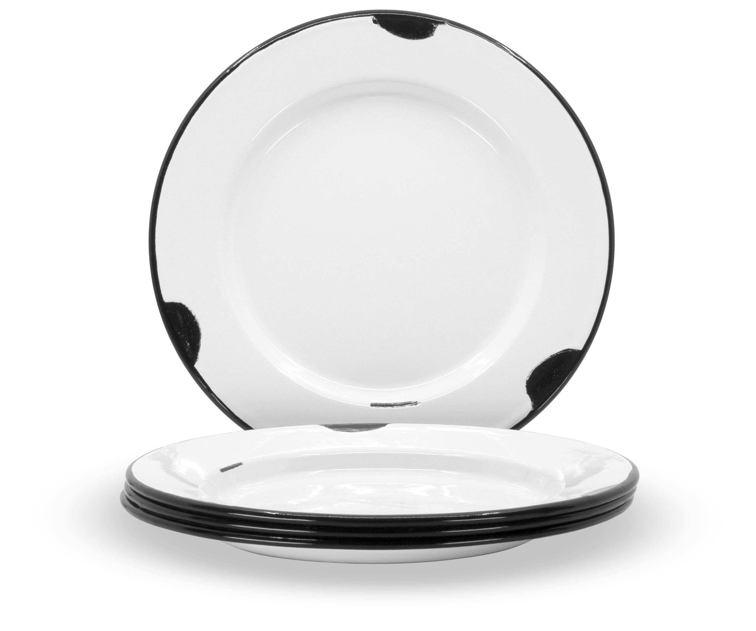 Red Co. Set of 4 Enamelware Metal Classic 10 inch Round Dinner Plate, Distressed White/Black Rim
