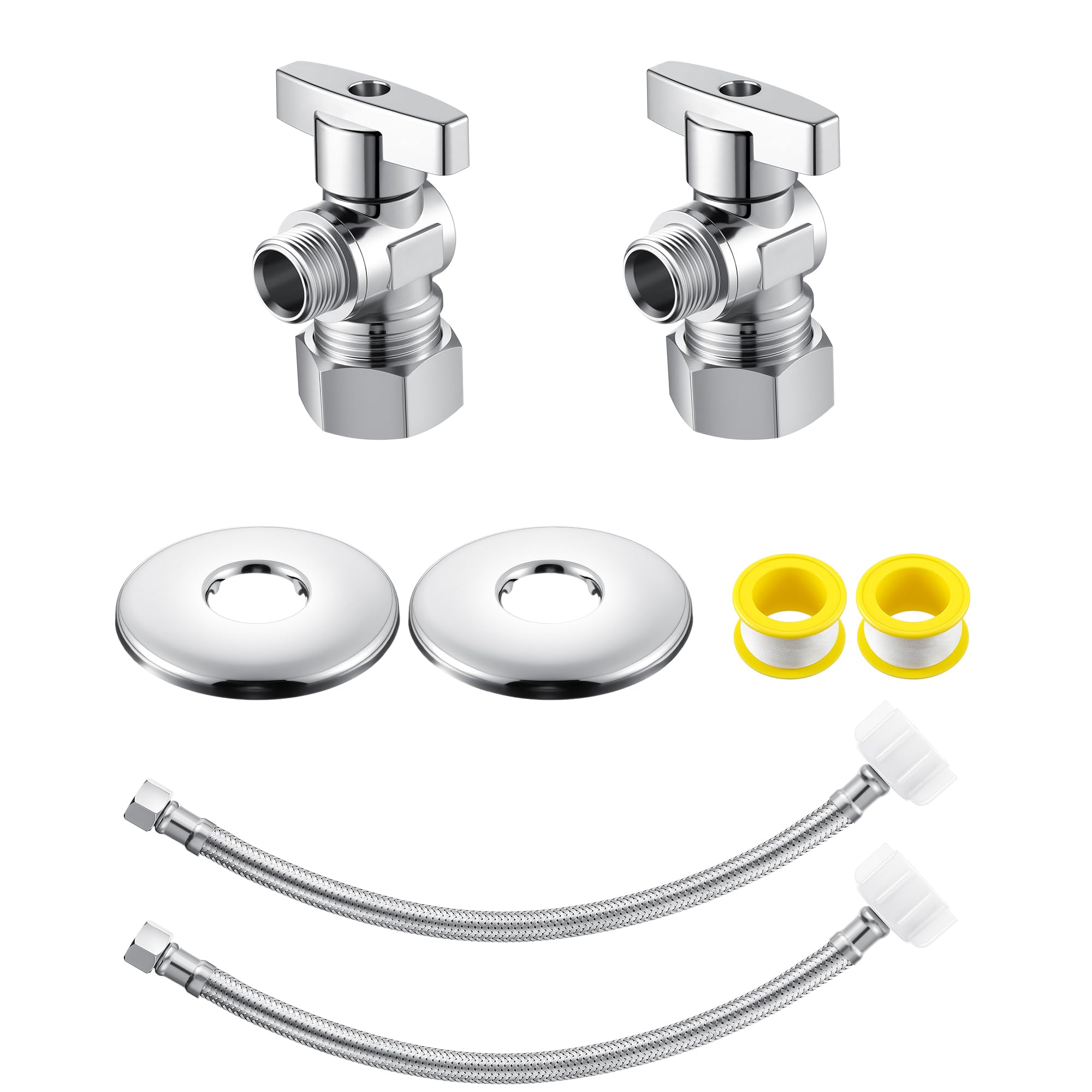 Photo 1 of 2 Pack Complete Toilet Valve Set, Includes 1/2 inch Nom Inlet x 3/8 Inch OD Compression Outlet Angle Shut Off, Stainless Steel Toilet Water Supply Line, Escutcheon Plate, Sealing Tape (12" Line)