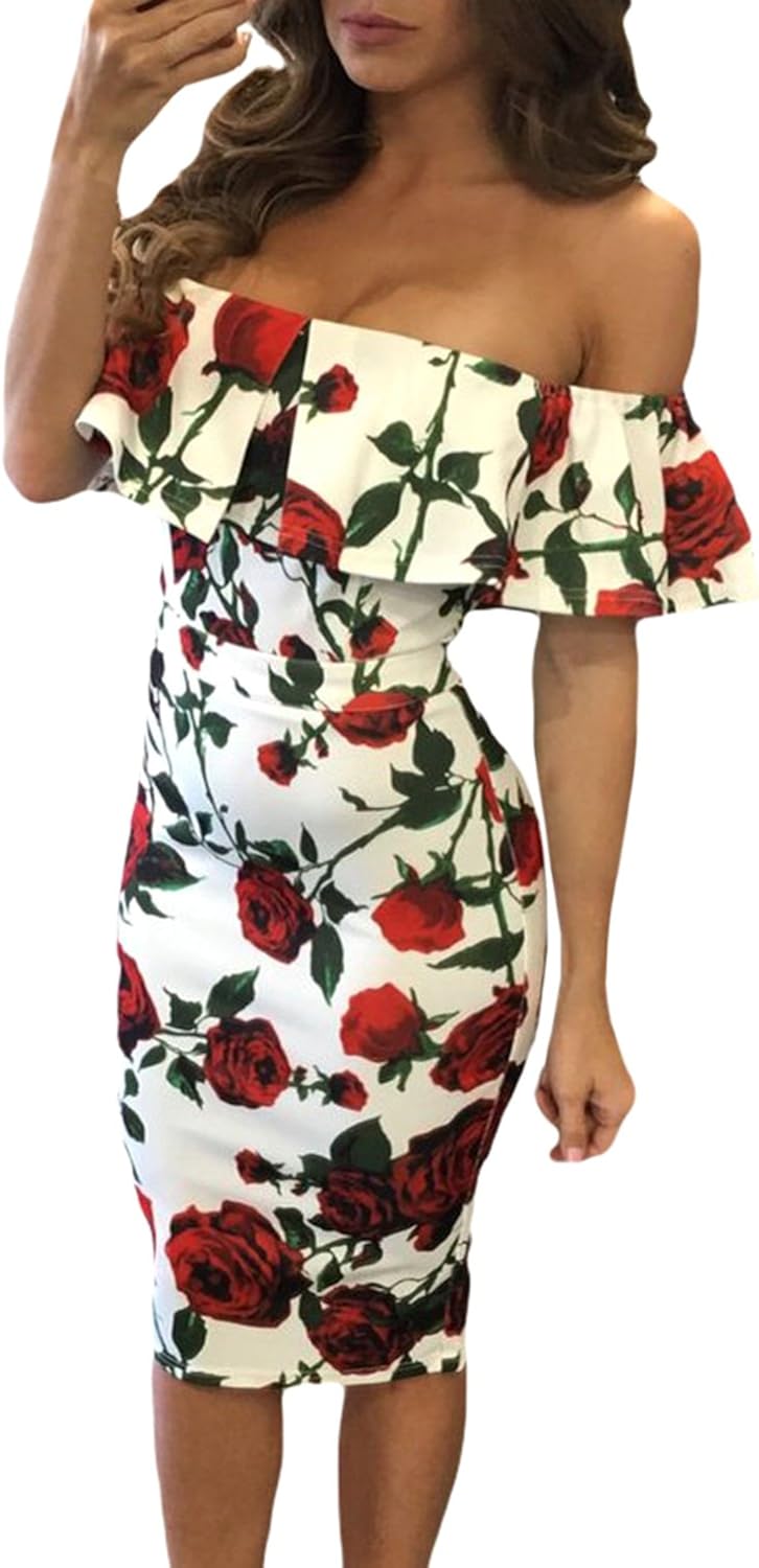 white off the shoulder dress with red flowers