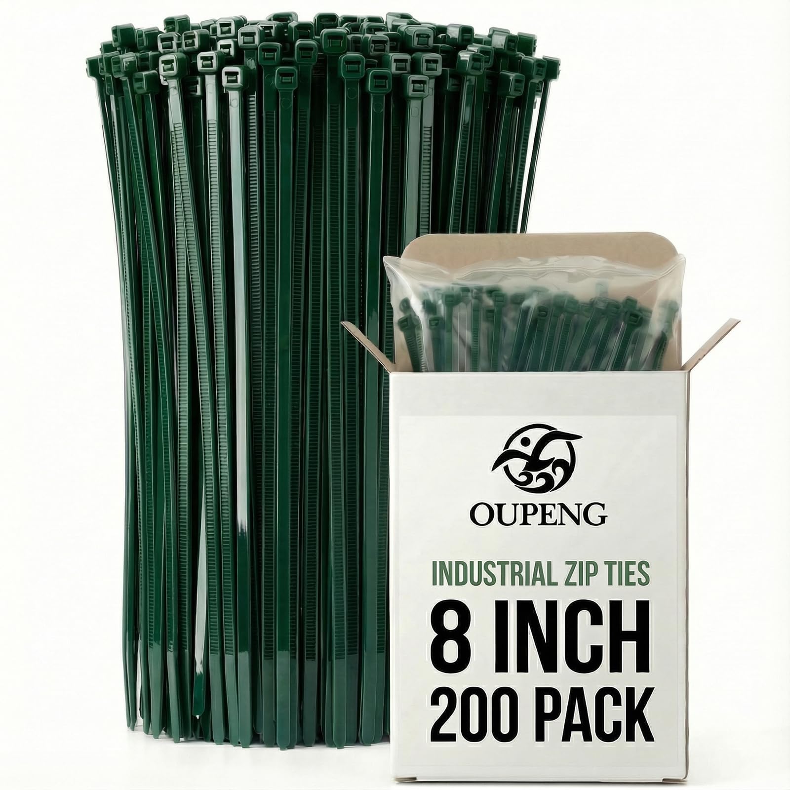 Photo 1 of 200PCS Nylon Zip Ties - 8 Inch Green,Multi-Purpose Self Locking Cable Ties,Ultra Strong Plastic Wire Ties with 40lb Tensile Strength,Cable Ties for Indoor and Outdoor Us