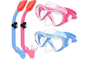 ACQCES 2 Sets Snorkeling Gear for Kids, Kids Snorkel Set for Ages 6-14, Dry Top Snorkel Mask Set for Youth Boys Girls Junior, Tempered Glass Diving Swimming Mask Goggles
