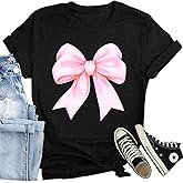 CQF Bow Shirts for Women Cute Pink Bowknot Ribbon Print Tee Tops Bow Girly Aesthetic T-Shirts