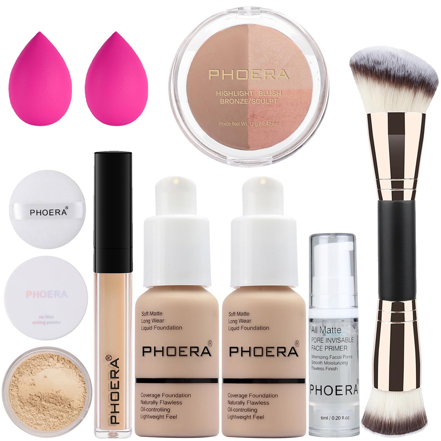 PHOERA Foundation, PHOERA Contour Palette,Shades with Highlighter & Bronzer & Blush,Up to 24 Hour Fresh Wear (102+102+ #002 Contour/Nude+Nude+#002)