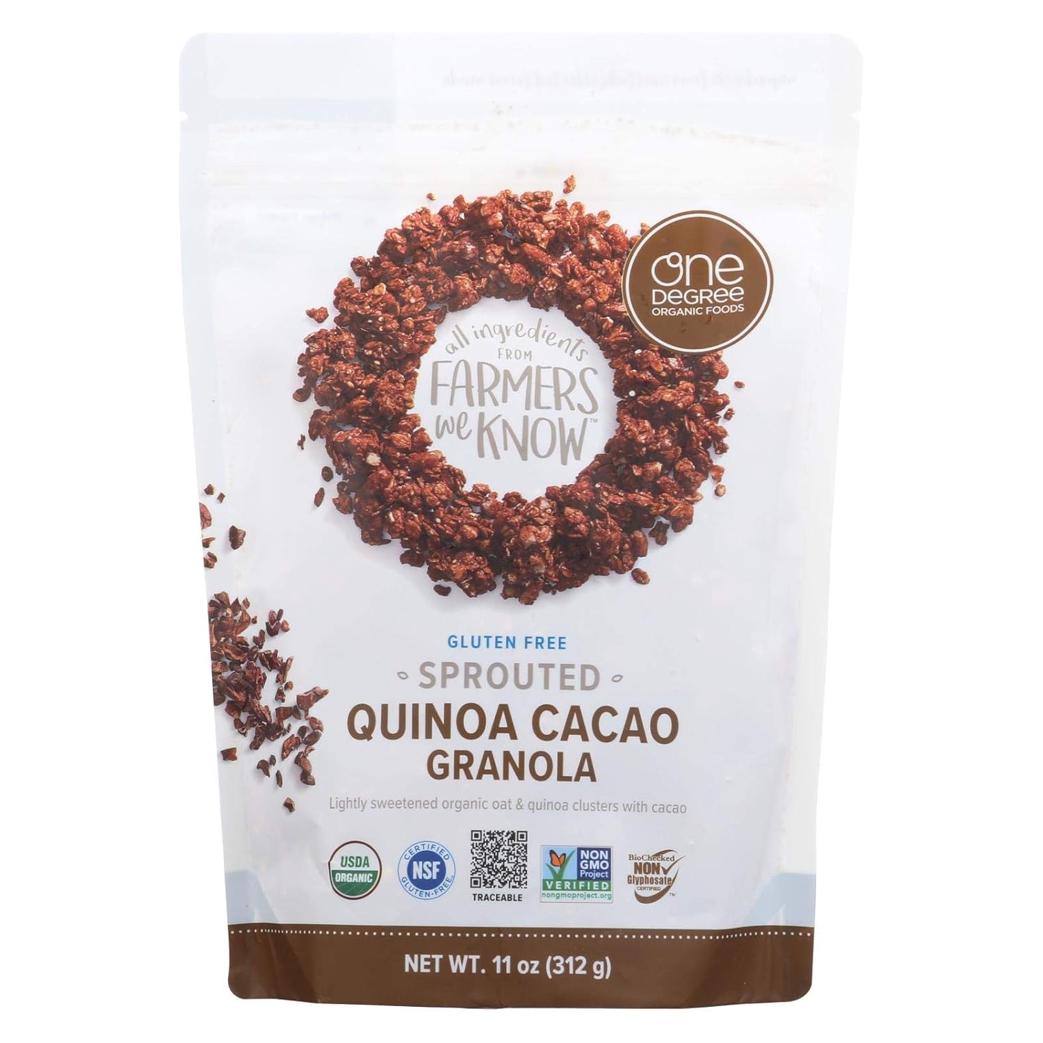 One Degree Organic Foods Quinoa Cacao Granola - Sprouted Oat - Case of 6 - 11 oz.