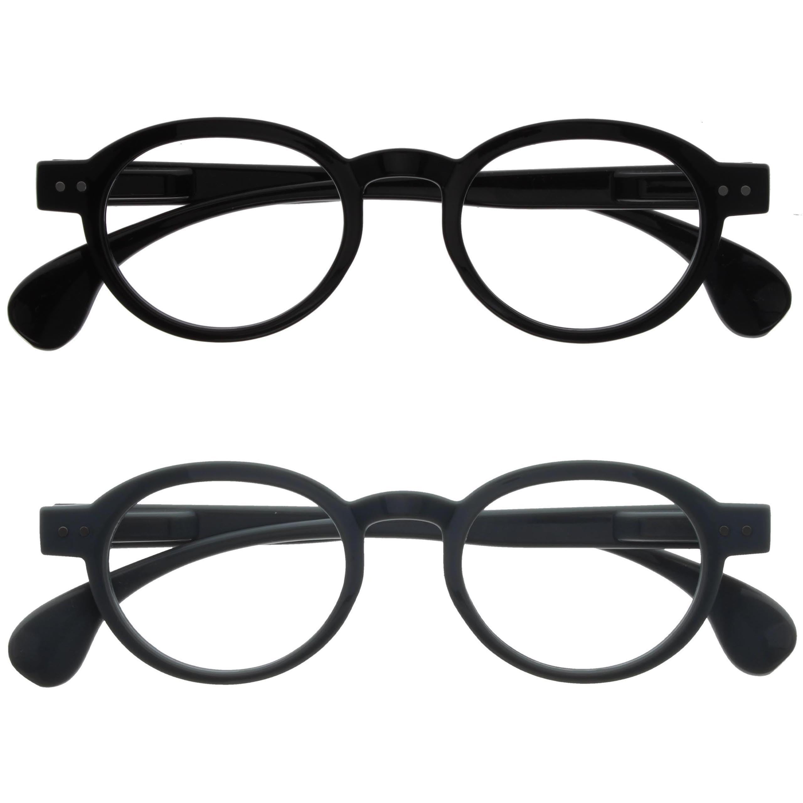 OPULIZE OCA Reading Glasses - 2-Pack - Modern Retro Round Frame - Black Grey - Mens Womens - Spring Hinges - RR54-17 - +3.00