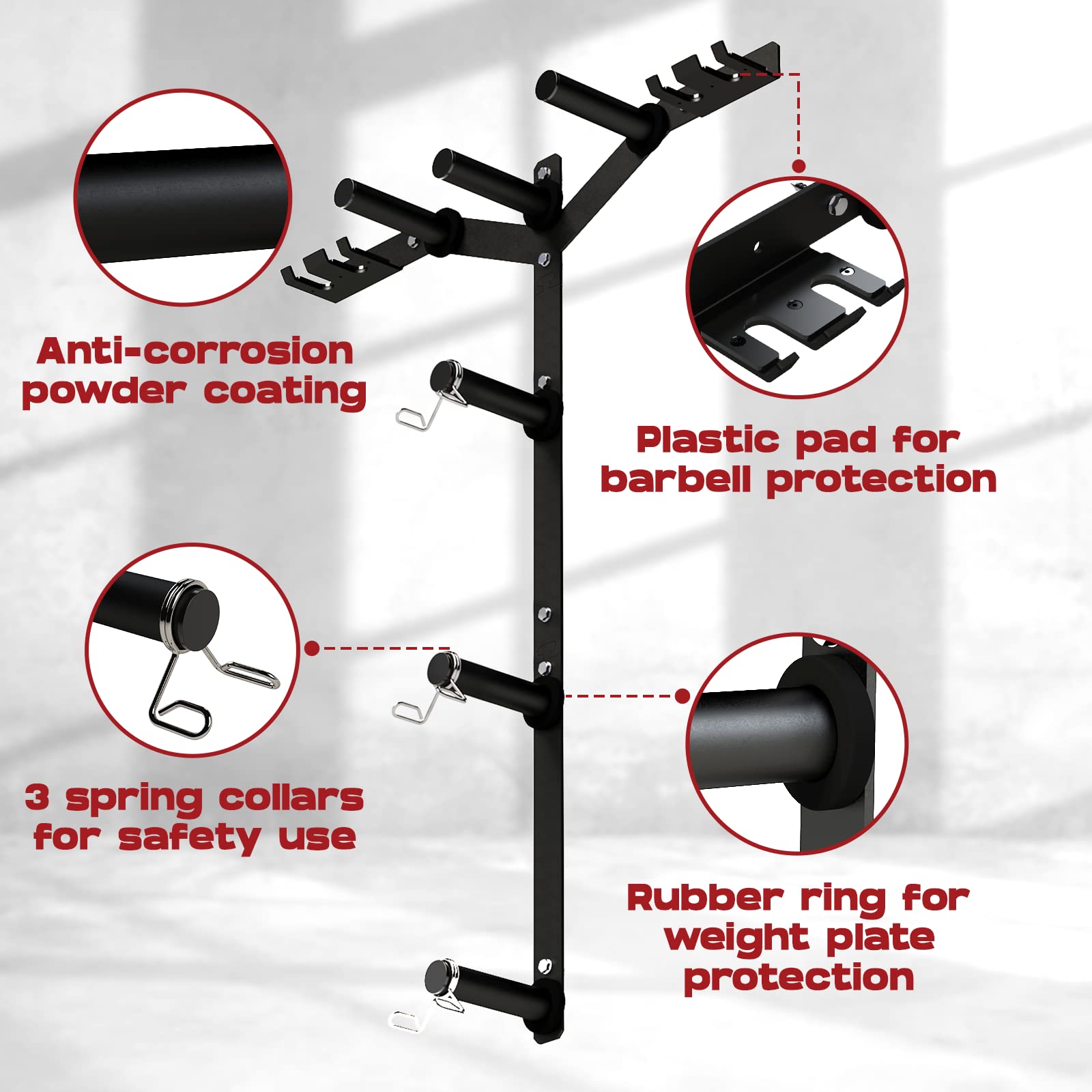Yes4All 6 Pegs & 4 Barbell Storage Racks Load Up to 1190 LBS - Wall Mounted Weight Plate Tree & Barbell Holder