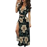 WOKANSE Women's Sexy 2 Piece Outfits Summer Beach Boho Floral Dress V Neck Crop Tops and High Split Maxi Skirt Sets