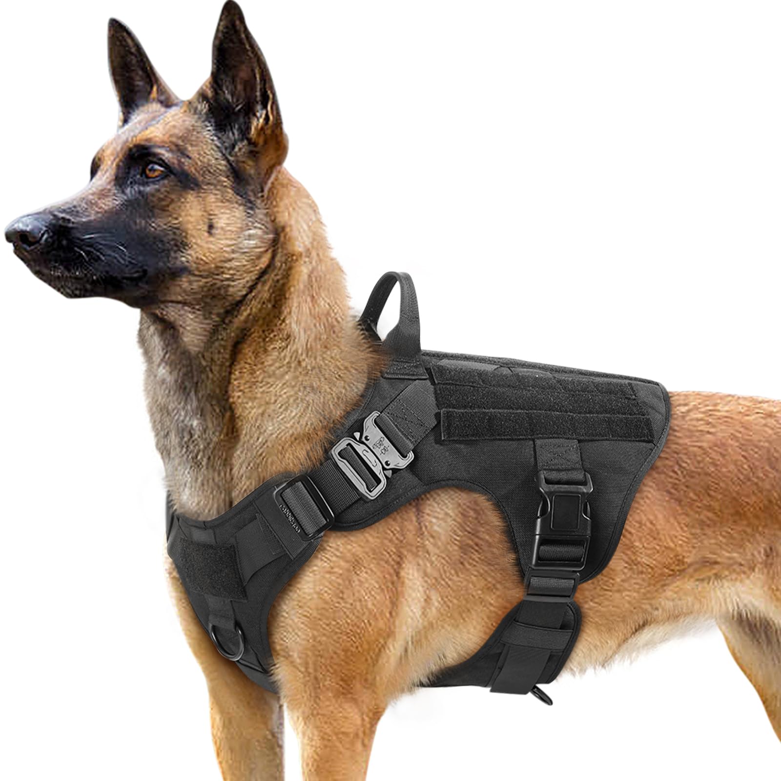 rabbitgoo Dog Harness Large Dog, Anti pull Vest Harness with Tactical MOLLE Panel, Metal Buckles, Front Back Clips, Control Handle, Adjustable Military for Training Walking Service Pet, L, Black